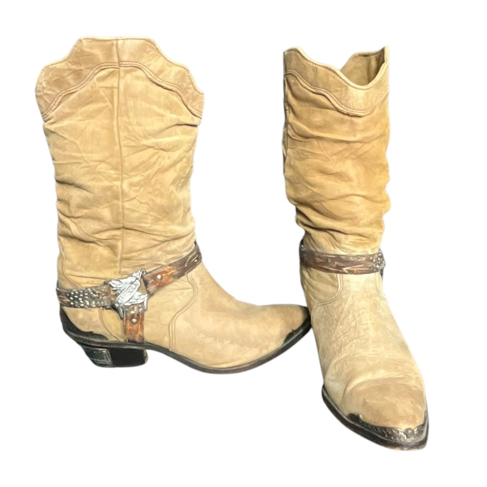 Zodiac Cowboy Boots Women 7.5 Tan Slouch Western Harness Eagle Metal Toe Detail